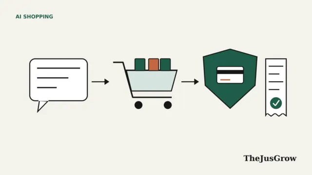 Flat line illustration of a chat bubble, an arrow to a shopping cart holding three boxes, an arrow to a green shield containing a payment card, and a receipt with a green tick.