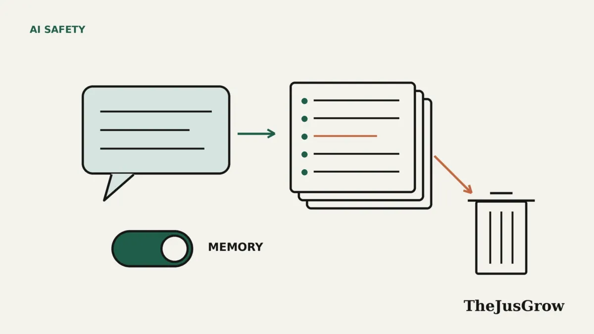 Line illustration of a speech bubble with an arrow to a stack of note cards, one line highlighted in orange with an arrow to a waste bin, beside a toggle switch labelled MEMORY.