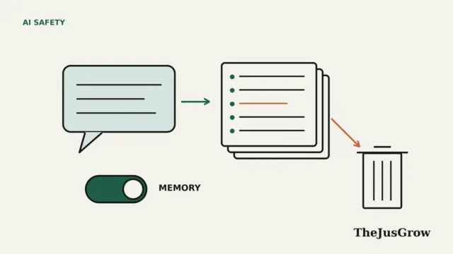 Line illustration of a speech bubble with an arrow to a stack of note cards, one line highlighted in orange with an arrow to a waste bin, beside a toggle switch labelled MEMORY.