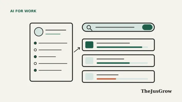 Illustration for AI job search: a resume page with bullet points, a search bar, and three job cards with match bars of different lengths.