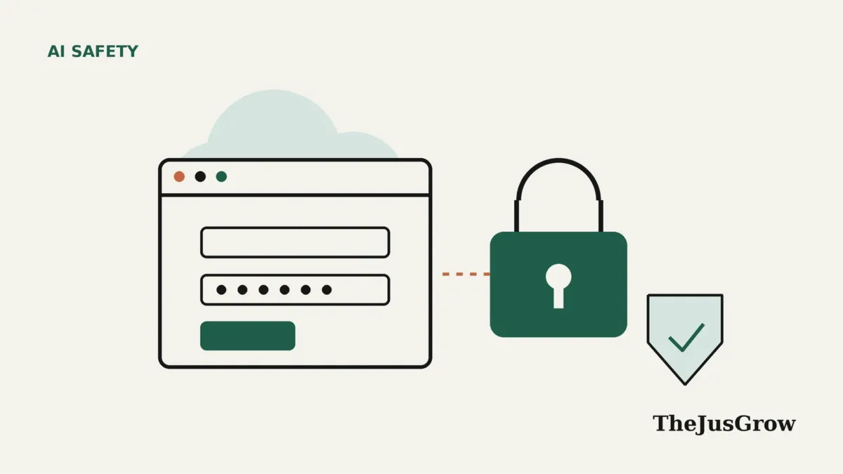 Illustration for the ChatGPT cloud browser: a browser window with a login form under a pale cloud, linked by a dashed line to a green padlock and a shield with a check mark.