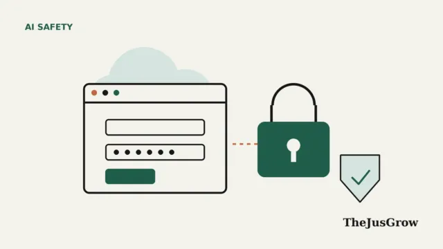 Illustration for the ChatGPT cloud browser: a browser window with a login form under a pale cloud, linked by a dashed line to a green padlock and a shield with a check mark.