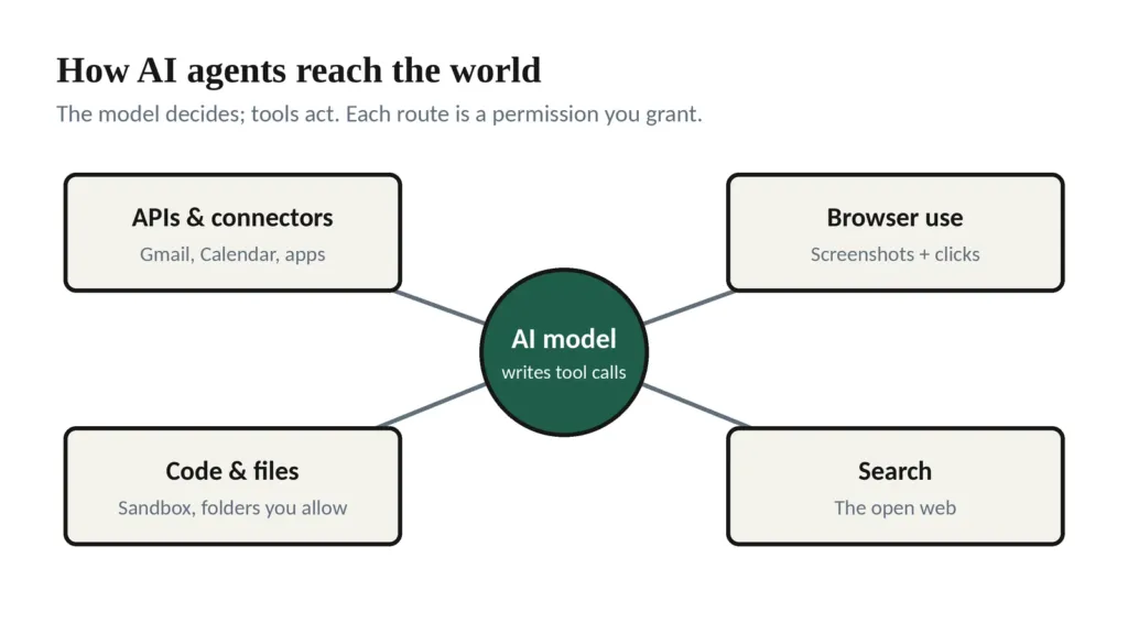 Diagram of an AI model connected to four routes: APIs and connectors, browser use, code and files, and search