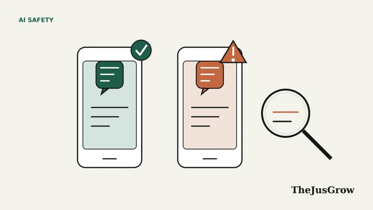 Flat line illustration of two similar phones showing chat apps, one marked with a green tick and one with an orange warning triangle, beside a magnifying glass.