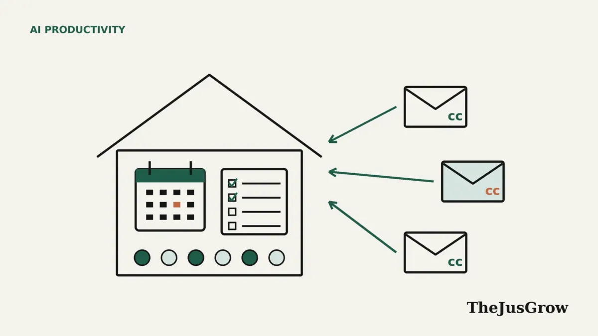 Line illustration of a house containing a calendar, a checklist and a row of six coloured circles, with three envelopes marked cc sending arrows into the house.
