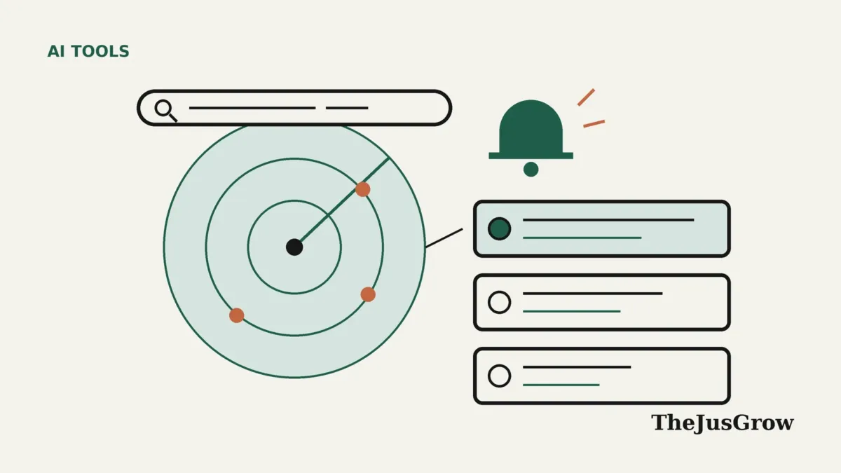 Illustration for Google information agents: a search bar above a green radar-style circle with orange dots, a notification bell, and three stacked update cards.