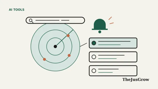 Illustration for Google information agents: a search bar above a green radar-style circle with orange dots, a notification bell, and three stacked update cards.