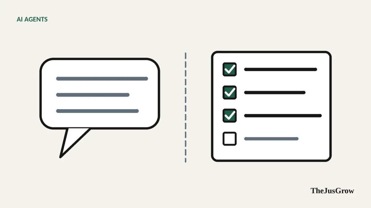 Side-by-side illustration: a speech bubble representing a chatbot and a checklist with ticked steps representing an agent