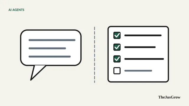 Side-by-side illustration: a speech bubble representing a chatbot and a checklist with ticked steps representing an agent