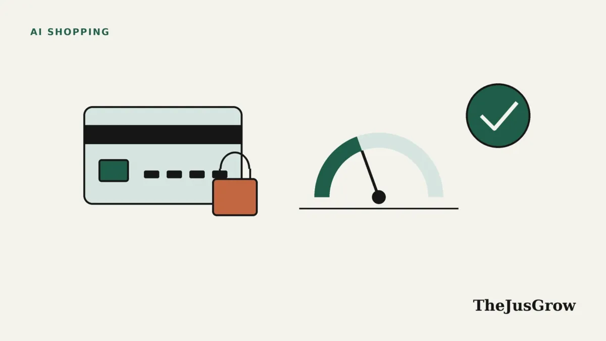 AI agent payments illustration: a virtual payment card with a lock, a spending limit dial and a checkmark approval badge