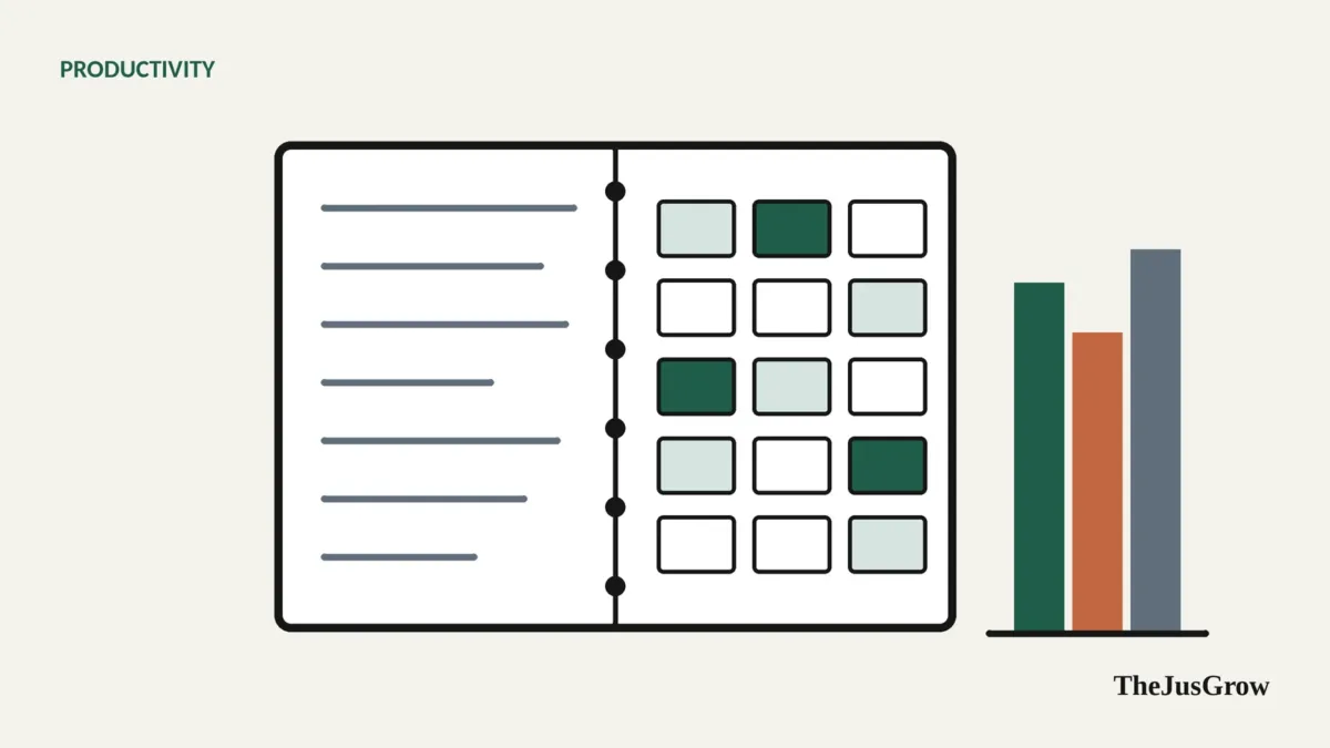 An open notebook with notes on one page and a revision timetable grid on the other, beside a row of books