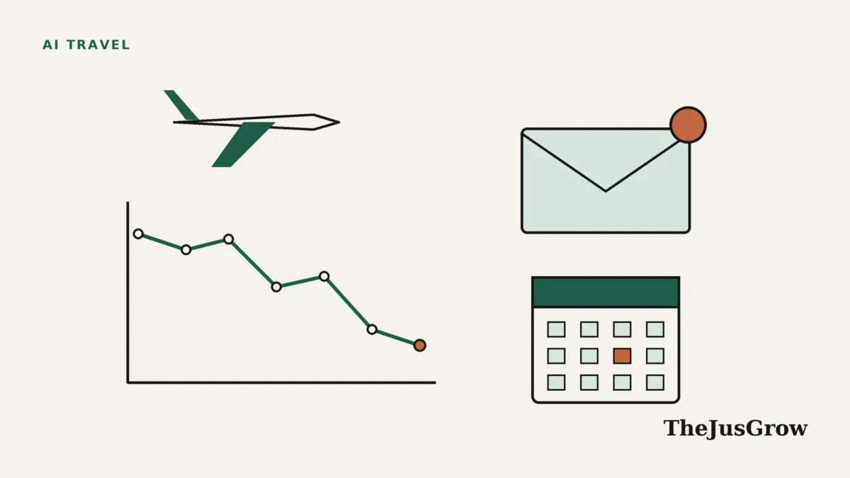 AI flight price tracking illustration: a plane above a falling price line chart, an email alert envelope and a calendar