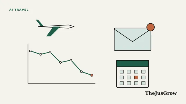 AI flight price tracking illustration: a plane above a falling price line chart, an email alert envelope and a calendar