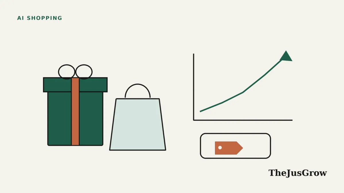 AI holiday shopping illustration: a gift box and shopping bag beside a rising traffic chart and a chat bubble with a price tag