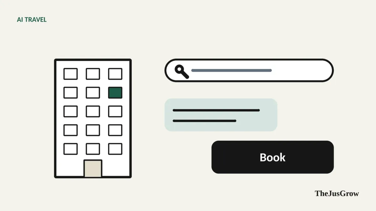 A hotel building outline beside a search bar and a conversation bubble, representing booking a hotel inside a search conversation
