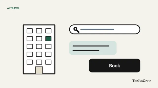 A hotel building outline beside a search bar and a conversation bubble, representing booking a hotel inside a search conversation