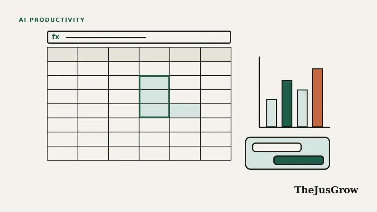 AI spreadsheet agents illustration: a spreadsheet grid with highlighted cells, a formula bar, a bar chart and a chat panel proposing an edit
