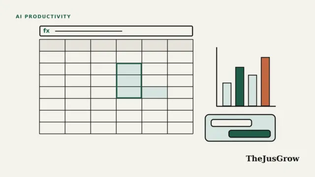 AI spreadsheet agents illustration: a spreadsheet grid with highlighted cells, a formula bar, a bar chart and a chat panel proposing an edit