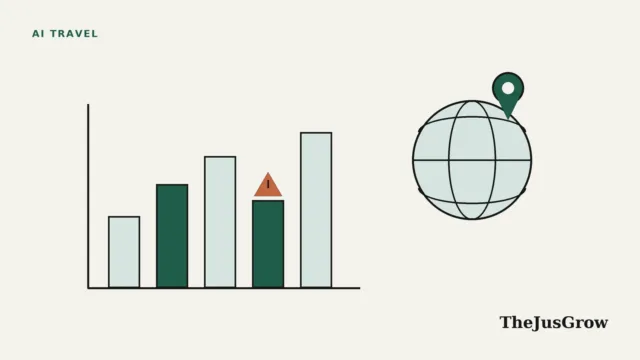 AI travel planning statistics illustration: a bar chart beside a globe, a map pin and a warning marker on one bar