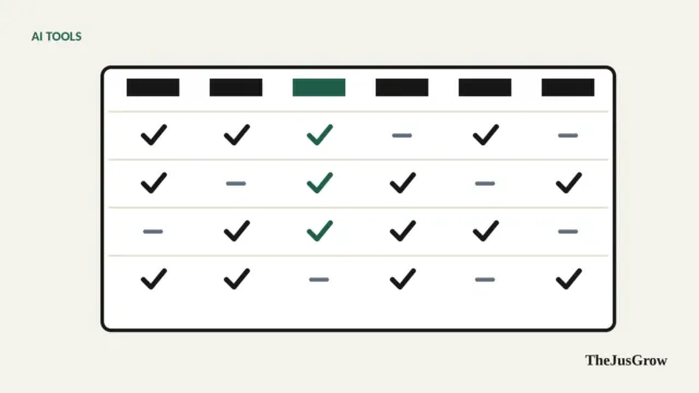 Comparison grid with six columns of check marks and dashes, representing a feature comparison of AI agents