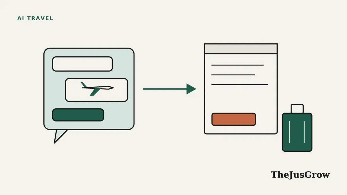 Illustration for how to book travel with ChatGPT: a chat bubble listing a flight and hotel, an arrow to a booking page and a suitcase