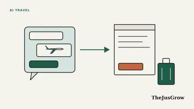 Illustration for how to book travel with ChatGPT: a chat bubble listing a flight and hotel, an arrow to a booking page and a suitcase