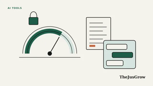 ChatGPT credit score illustration: a semicircular score gauge beside a chat window, a credit report page and a padlock