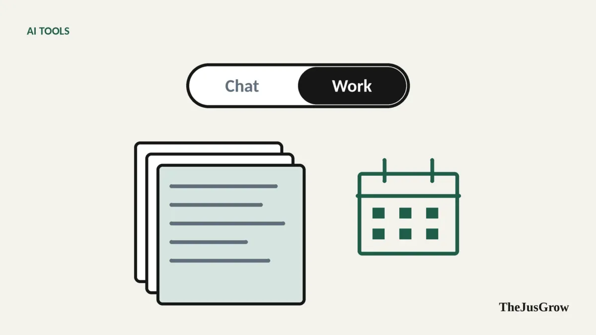 A toggle switch between two labels, Chat and Work, above a stack of documents and a calendar icon
