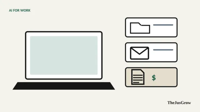 A laptop with three small cards stacked beside it labelled with a folder, an envelope and an invoice symbol