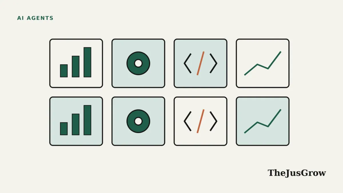 Recursive self-improvement examples illustration: a grid of eight cards showing bar chart, wheel, code bracket and line chart icons