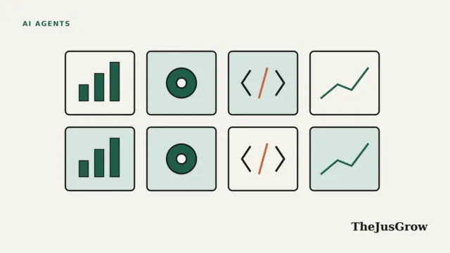 Recursive self-improvement examples illustration: a grid of eight cards showing bar chart, wheel, code bracket and line chart icons