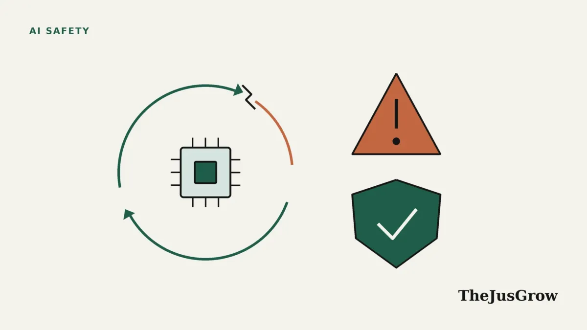 Recursive self-improvement risks illustration: a loop of arrows with one cracked link, a warning triangle and a shield