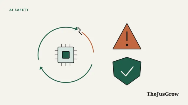 Recursive self-improvement risks illustration: a loop of arrows with one cracked link, a warning triangle and a shield