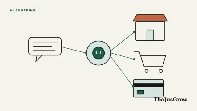 Universal Commerce Protocol diagram: an AI agent speech bubble linked to a shop, a shopping cart and a payment card through a central protocol hub