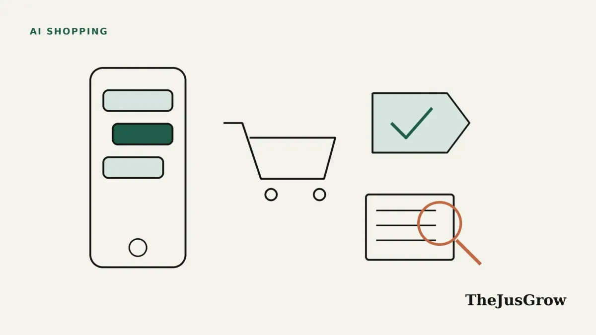Walmart Sparky illustration: a phone with a chat assistant, a shopping cart, a price tag with a tick and a magnifying glass over a label