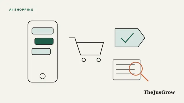 Walmart Sparky illustration: a phone with a chat assistant, a shopping cart, a price tag with a tick and a magnifying glass over a label