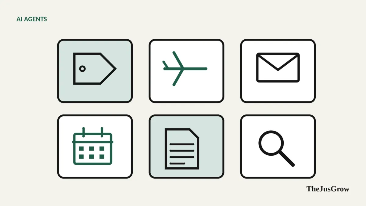 Grid of simple icons representing everyday tasks: a shopping tag, a plane, an envelope, a calendar, a document and a magnifying glass