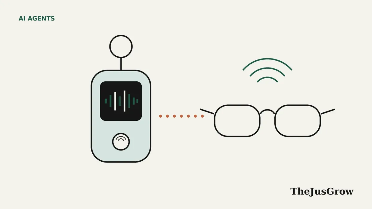 Line illustration of a small pocket device on a key ring with a sound-wave screen, linked by a dotted line to a pair of glasses with sound waves above them.