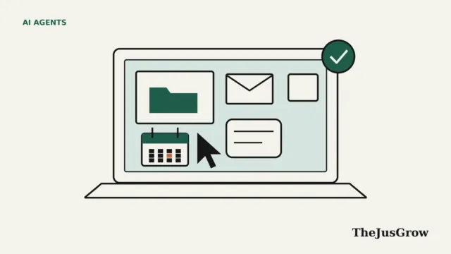 Line illustration of a laptop screen with windows for a folder, an envelope, a calendar and a message, a mouse pointer, and a green tick badge on the corner.