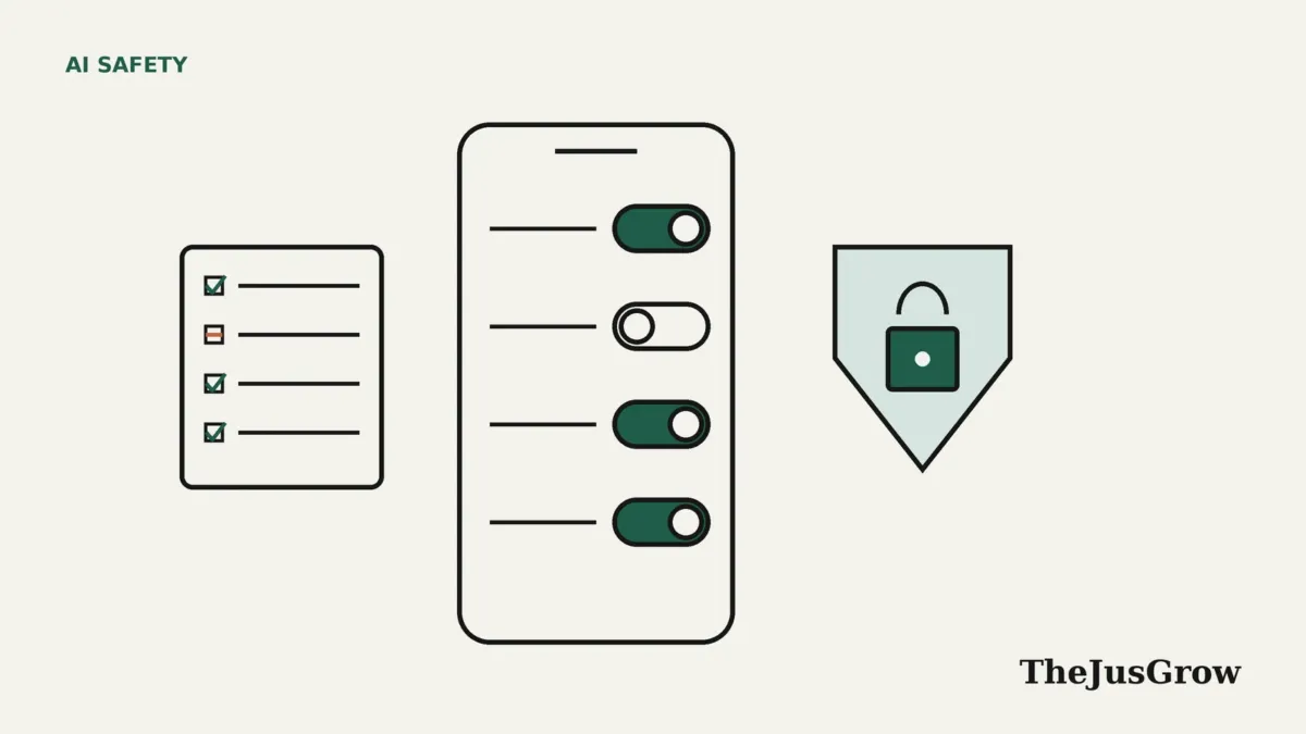 Line illustration of a phone showing four settings toggles, three switched on in green and one off, beside a checklist card and a shield with a padlock.