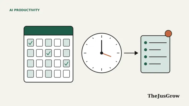 Flat line illustration of a monthly calendar with ticked days, a clock face, and an arrow pointing to a checklist card with a small orange notification dot.