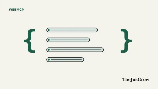 WebMCP imperative API illustration: four tool buttons between large green curly braces representing JavaScript code