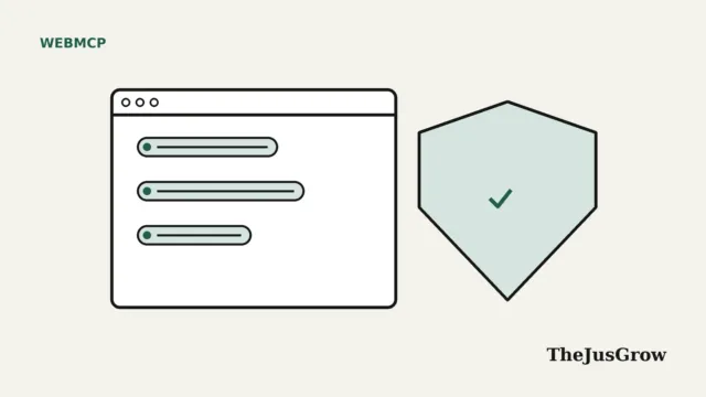 WebMCP security illustration: a browser window with tool buttons next to a green shield with a tick