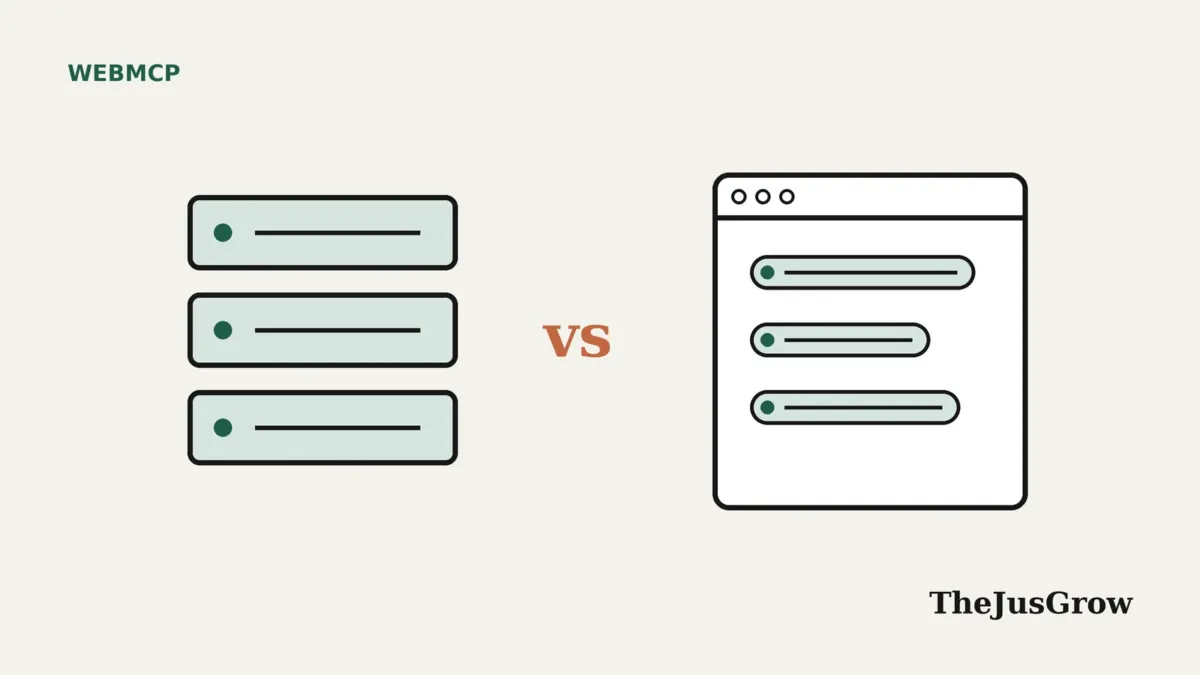 WebMCP vs MCP illustration: three stacked server blocks on the left, the word vs, and a browser window with tool buttons on the right