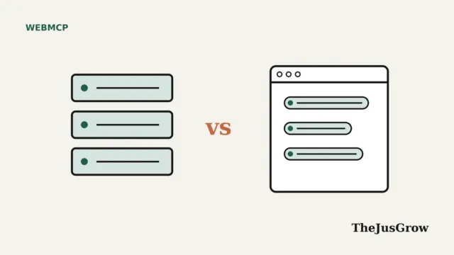 WebMCP vs MCP illustration: three stacked server blocks on the left, the word vs, and a browser window with tool buttons on the right