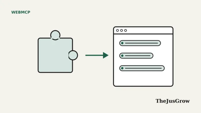 WebMCP WordPress illustration: a plugin puzzle piece with an arrow pointing to a browser window showing tool buttons