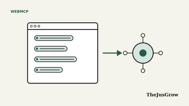 What is WebMCP illustration: a browser window listing four tool buttons with an arrow pointing to a connected AI agent node