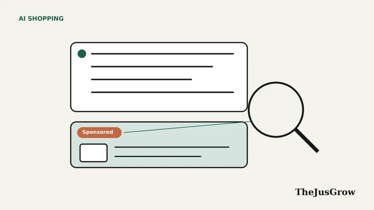 Illustration of ads in AI search: an AI answer card with a separate box marked Sponsored beneath it and a magnifying glass beside it