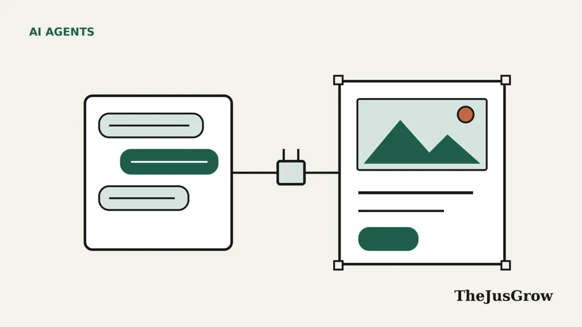 Line illustration of a chat window connected by a plug to a design artboard, showing an AI agent for Canva building a layout