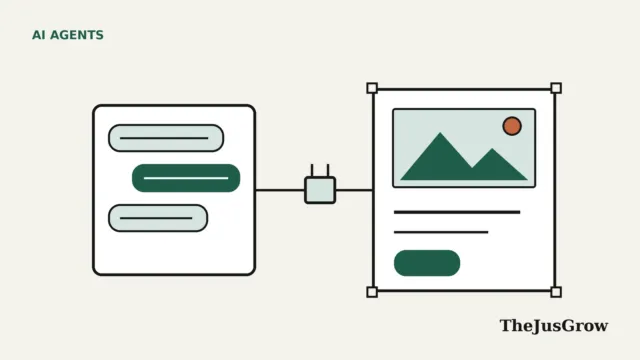 Line illustration of a chat window connected by a plug to a design artboard, showing an AI agent for Canva building a layout